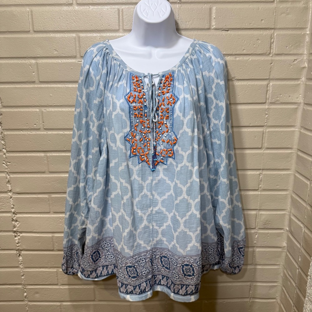 Sundance Quatrefoil Beaded Embroidered Peasant Blouse Cotton Blue Medium Boho